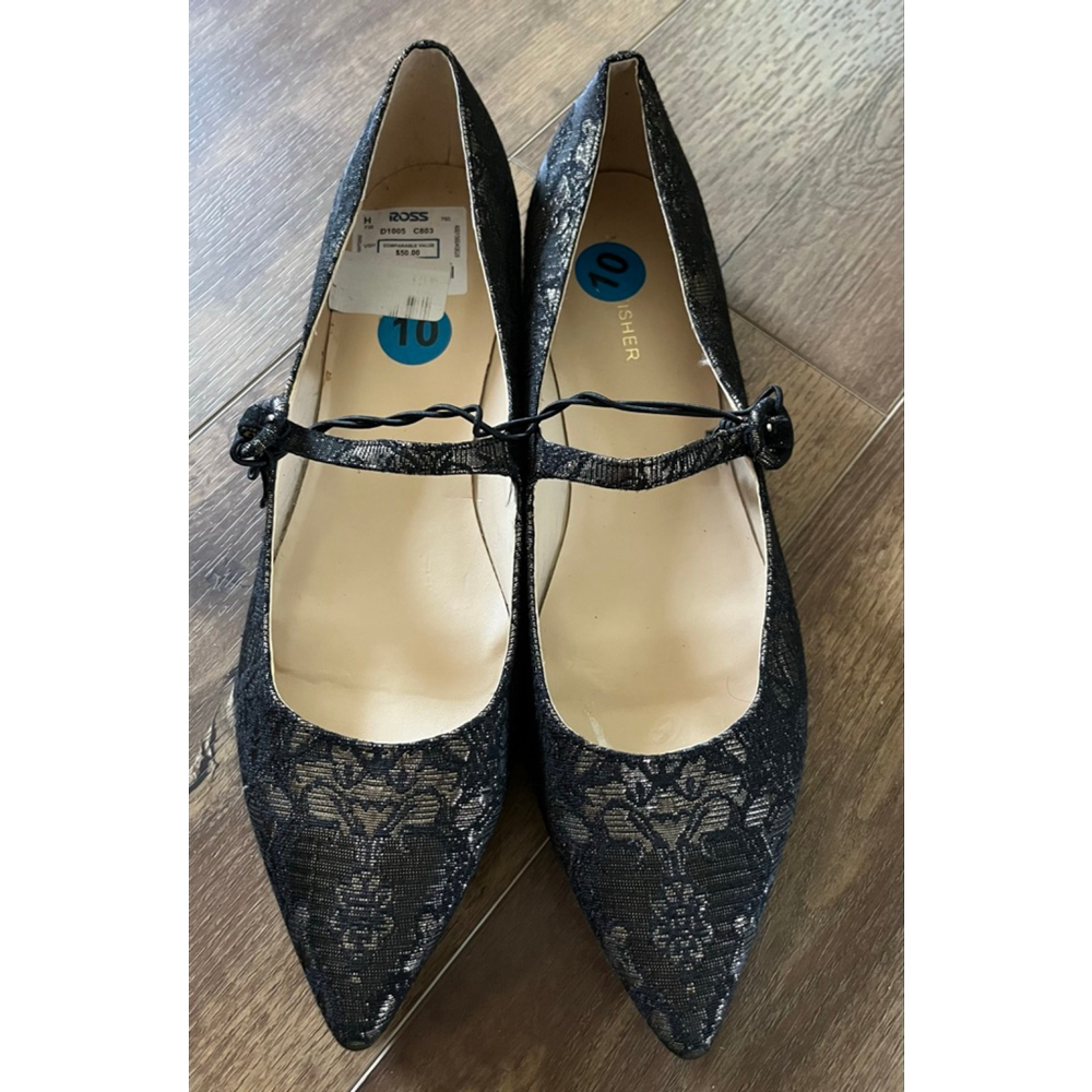 Marc Fisher NWOT black gold metallic jacquard brocade Mary Jane flats size 10